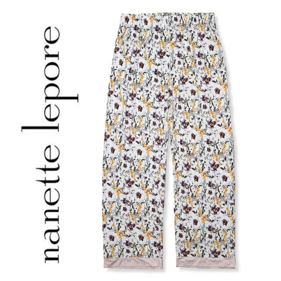NANETTE LEPORE Floral Lightweight Elastic Waistband Pajama Pants, Pink Trim Hem - Picture 1 of 12